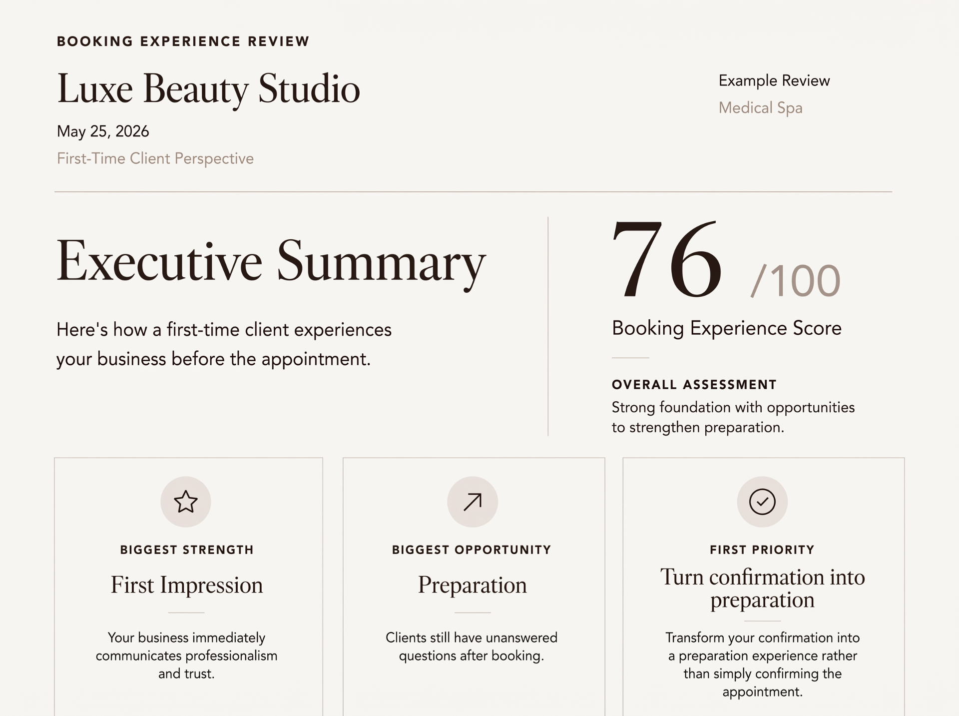 Example Clarity Before AI Booking Experience Review featuring Booking Experience Score, Biggest Strength, Biggest Opportunity, and First Priority.